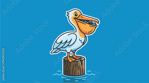 Cartoon Pelican Perched on a Wooden Post with Fish in its Beak.