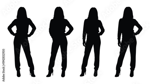 Four silhouettes of women posing with hands on hips depicted in black
