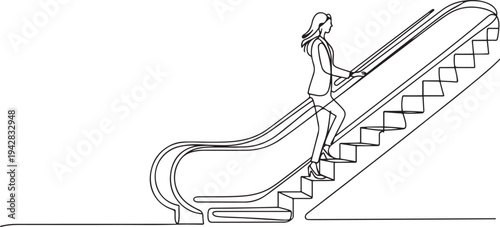 Beautiful woman going up by moving escalator. career ladder of an employee. special sale days shopping mall escalators concept. one line Icon drawing
