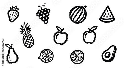 Hand Drawn Fruit Icons Collection Healthy Food Elements Isolated White Background