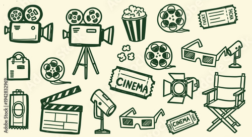 Cinema movie icons set film industry elements retro style