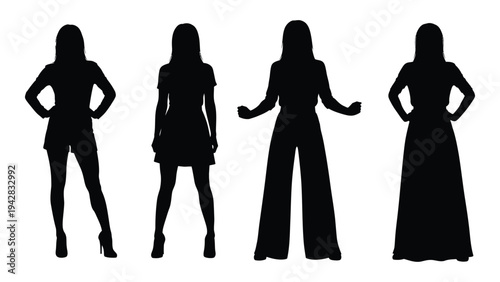 Silhouettes of four women in varying poses and outfits against a white background
