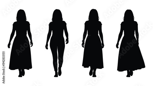 Four female silhouettes walking forward depicted in a stark black and white style