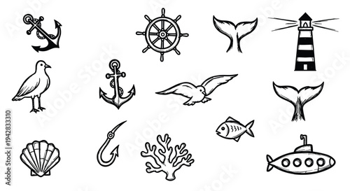 Nautical Icons Collection Anchor Ship Wheel Lighthouse Fish Submarine and Shell