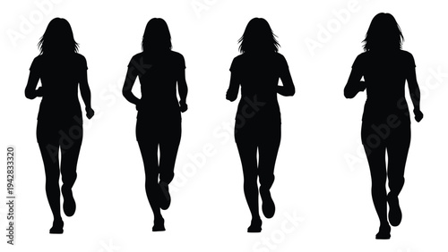 Silhouettes of four women walking in a row facing forward