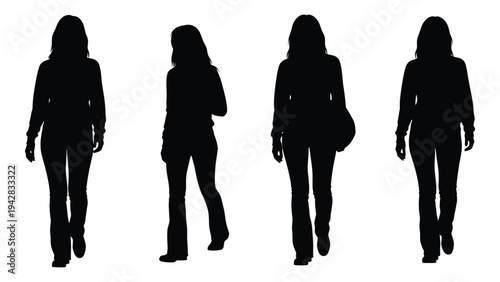 Four silhouetted women stand in a row facing forward with varied poses