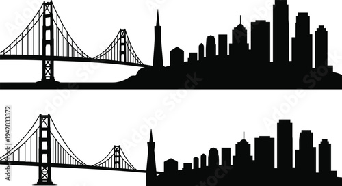 San Francisco skyline and Golden Gate Bridge silhouettes set isolated on white background, famous California city landmark panorama collection
