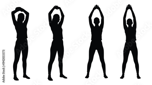 Four silhouettes of a woman progressing through a stretching exercise sequence