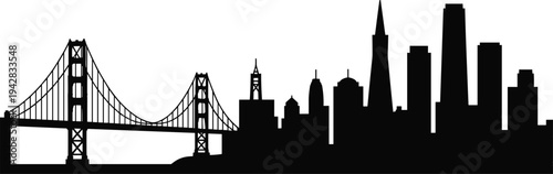 San Francisco skyline silhouette with Golden Gate Bridge isolated on white background, famous city landmark panorama for travel and architecture designSan Francisco skyline 