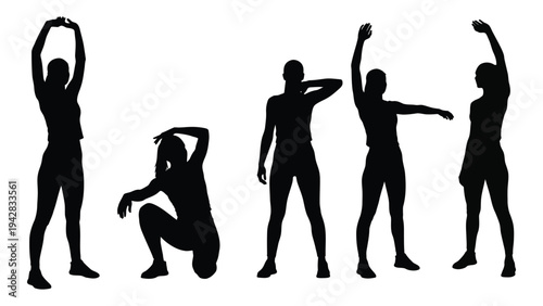 Silhouettes of people performing various stretching and exercise poses against a white background