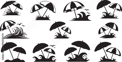 Black and white beach umbrella silhouettes in various weather