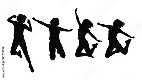 Four silhouettes of people jumping and celebrating with arms raised in excitement