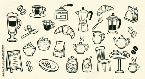 Coffee shop doodles and cafe icons hand drawn sketch style
