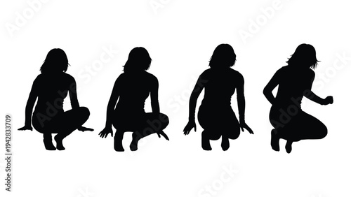 Four women depicted in silhouette each in a crouching or kneeling pose