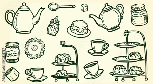 Afternoon Tea Party Set with Cakes and Jam Jars Hand Drawn Sketch