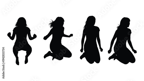 Four women depicted in silhouette dynamically posed as if jumping or dancing