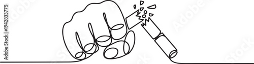 Concept of human hand breaking cigarette in hand. the person who made the decision to quit smoking drawing style. one line Icon drawing
