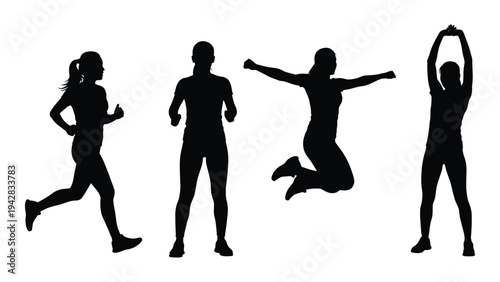 Silhouettes of people in various active poses including running jumping and stretching