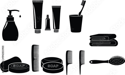 Bathroom hygiene essentials illustration, grooming items silhouette, soap and towel decor, toothbrush and comb artwork, minimalist personal care design vector