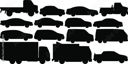 Vehicle silhouettes set isolated on white background, cars trucks vans and pickup transport collection for automotive and logistics design