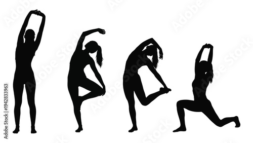 Silhouette series depicting a woman performing various stretching and yoga poses