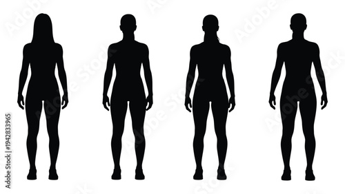 Four female silhouettes stand in a row facing forward depicted in black
