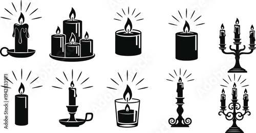 Candle silhouette illustration, lit candle designs, candelabra artwork, pillar and tealight decor, minimalist flame vector, spiritual light icon collectio