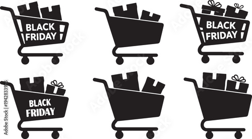 Black Friday shopping cart icons on white background set