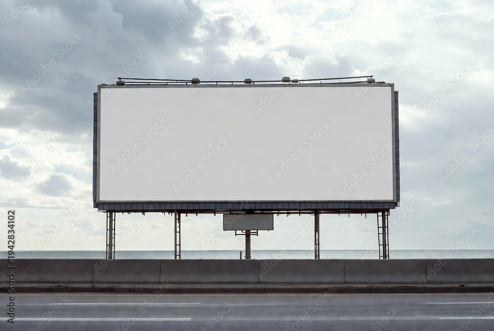 Obraz premium A billboard stands on a highway under a cloudy sky.