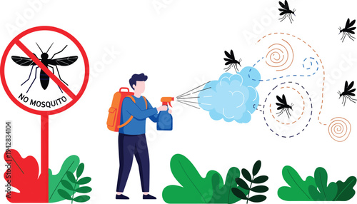 Community worker spraying insect repellent to stop mosquitoes, dengue prevention concept, pest control protection, public health safety illustration vector campaign