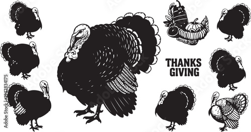 Thanksgiving turkeys and food illustrations in black and white