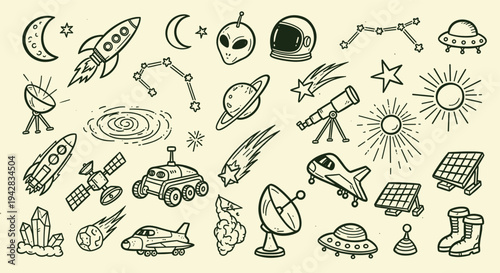 Space exploration and cosmic elements doodle collection
