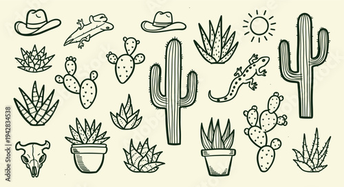 Desert Elements Collection Cactus Lizard Cowboy Hat Skull Sun