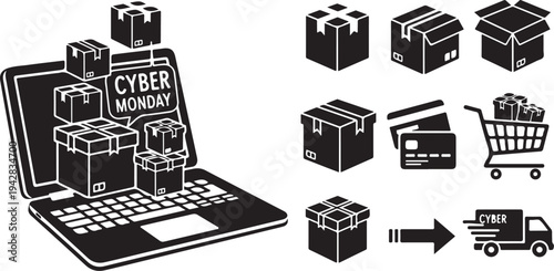 Cyber Monday shopping online deals and discounts icon set