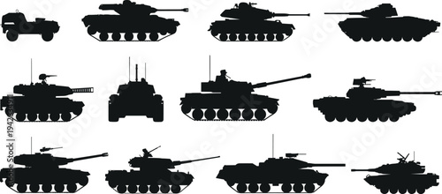 Military tank silhouettes collection isolated on white background, armored combat vehicles set for army defense and war design
