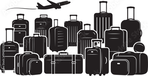 Collection of various suitcases and travel luggage in black