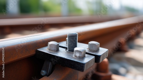 Railway track fastening system on rusted metal rails outdoors  