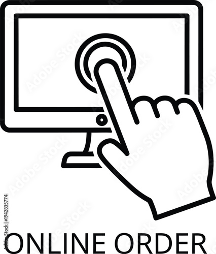 Line icon for online orders and purchases. Hand clicking on an order button concept. Simple black linear label for mobile applications, online shops and booking sites. Vector illustration 