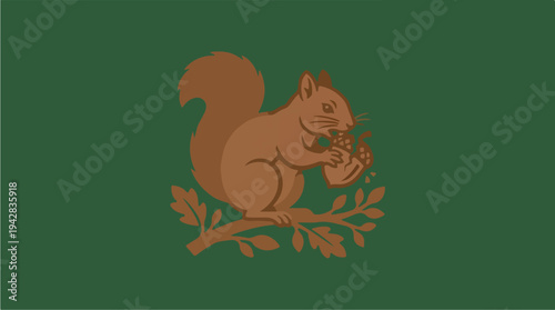 Illustration of a brown squirrel holding an acorn on a branch.