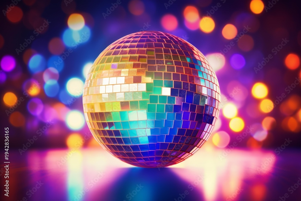 Obraz premium Disco ball reflecting colorful lights and bokeh, creating a festive party atmosphere