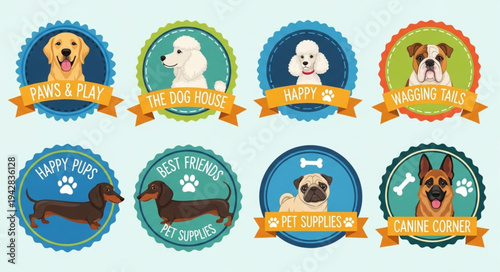 Collection of Dog Breed Badges with Ribbons and Text.