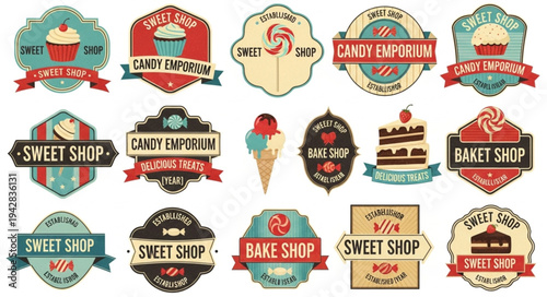 Collection of vintage sweet shop and bakery logos.