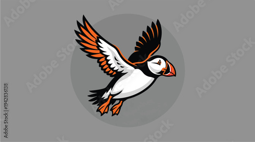 Illustration of a puffin bird in flight cartoon style.