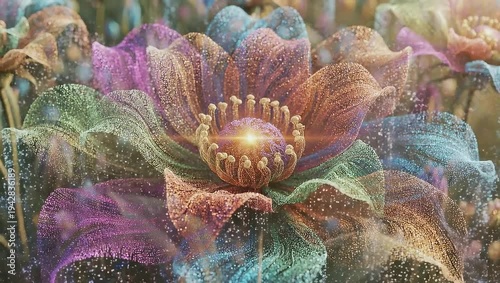 Wallpaper Mural A close-up view of a vibrant, glowing flower with translucent, colorful petals, resembling a fantastical bloom. Torontodigital.ca