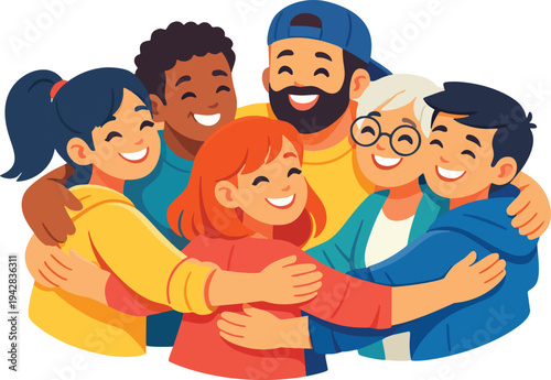 Happy Multicultural Friends Hugging Illustration.