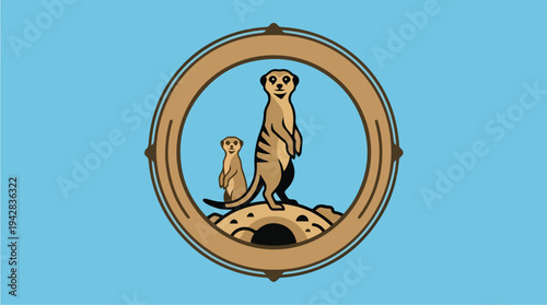 Illustration of two meerkats standing guard in a circular emblem.