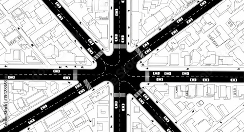 Aerial view of a busy intersection with traffic flow.