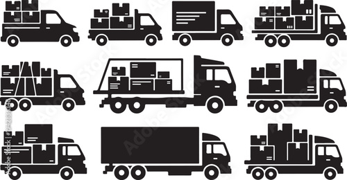 Black and white truck transportation icons and symbols collection
