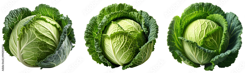Fototapeta premium Three vibrant fresh whole green cabbages with textured crinkly outer leaves isolated on transparent background. PNG die-cut for advertising