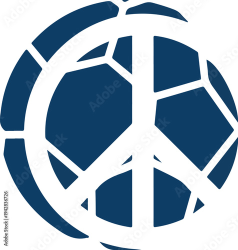 A cracked blue circular peace symbol with a white border, symbolizing broken peace and harmony